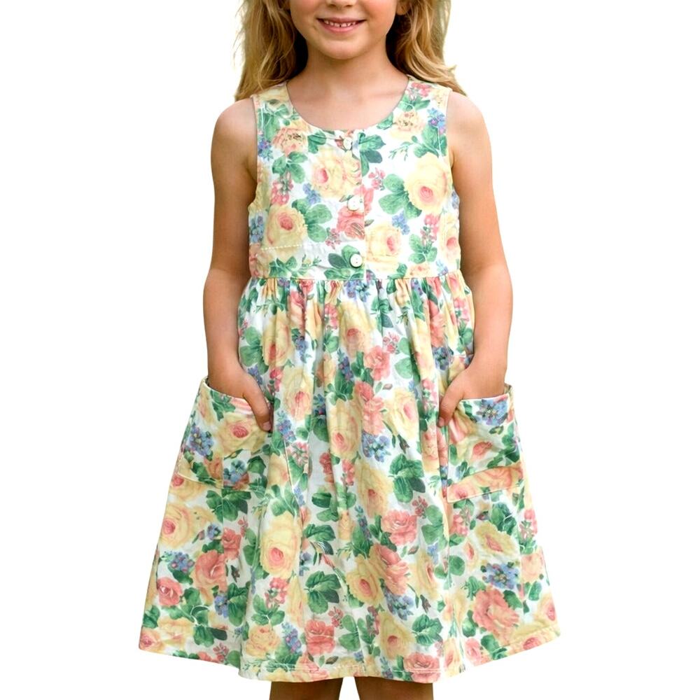 Vintage 90s Girl’s 16 Flower Summer Dress Cascade Kids Cotton Made USA Pockets